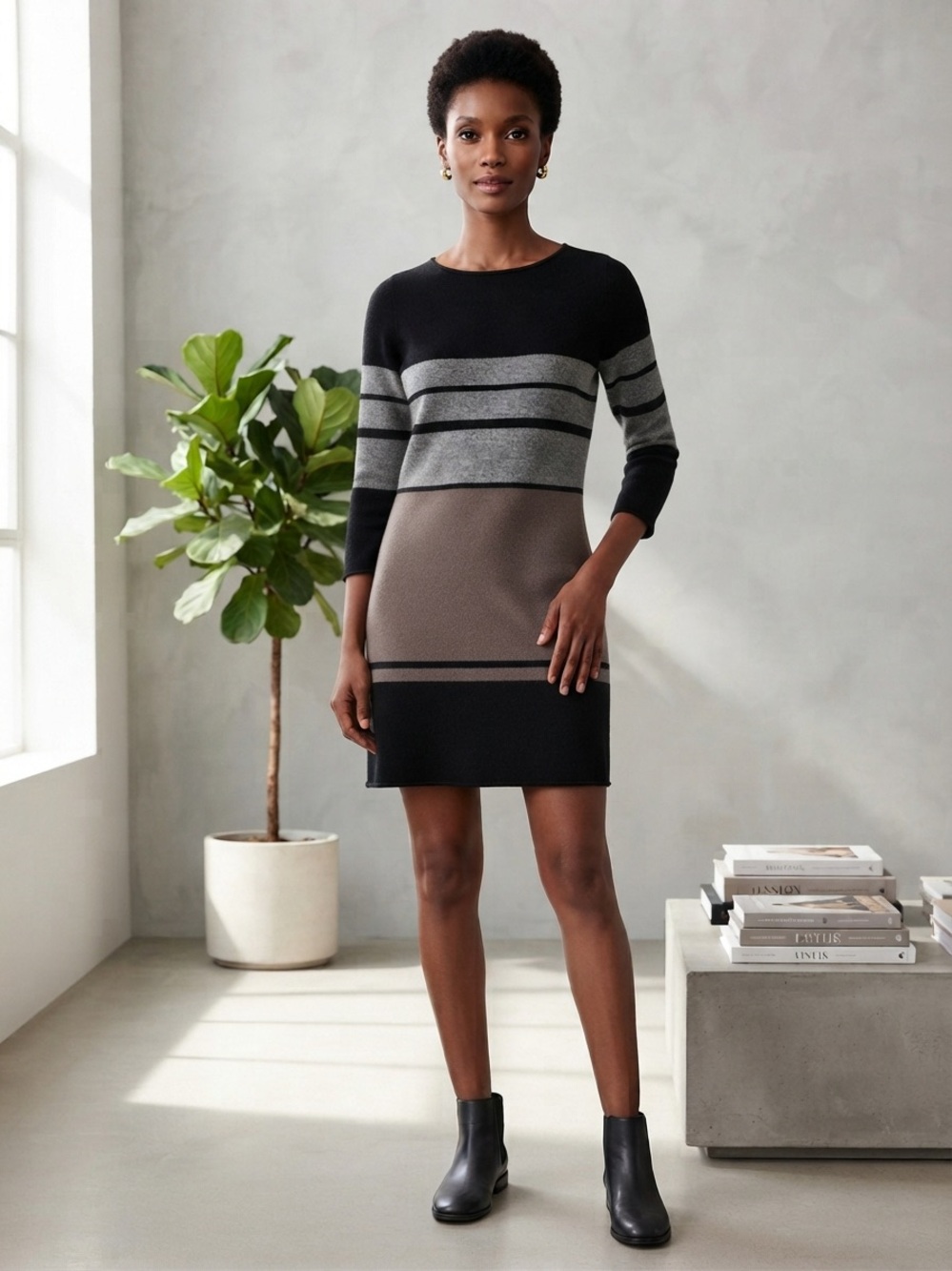 360 Cashmere Striped Knit Mini Dress in Black, Gray & Taupe